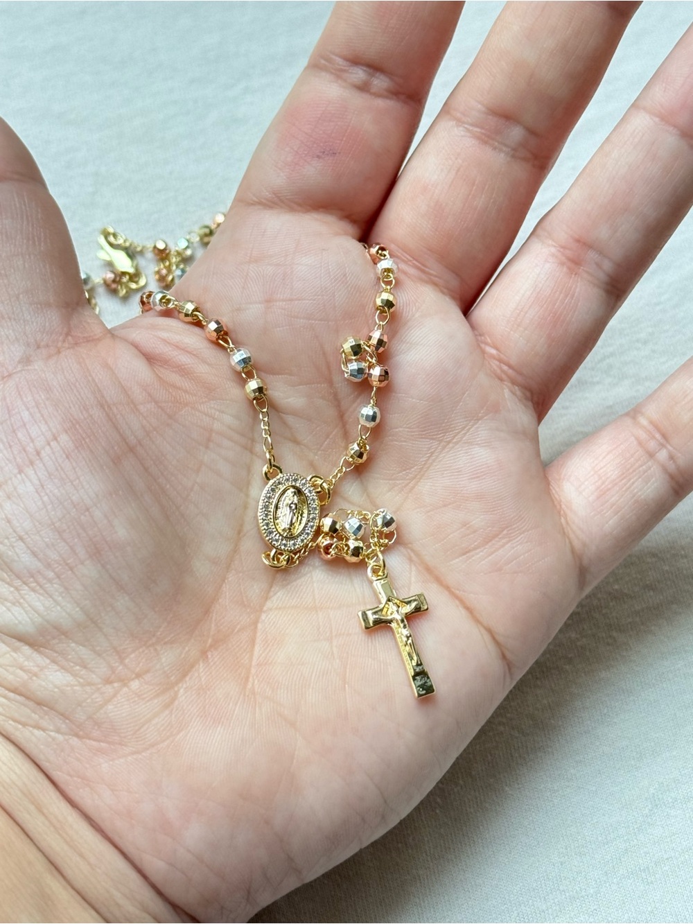 Gold-Tone Rosary Necklace in three Tone with Cross and Virgen de Guadalupe